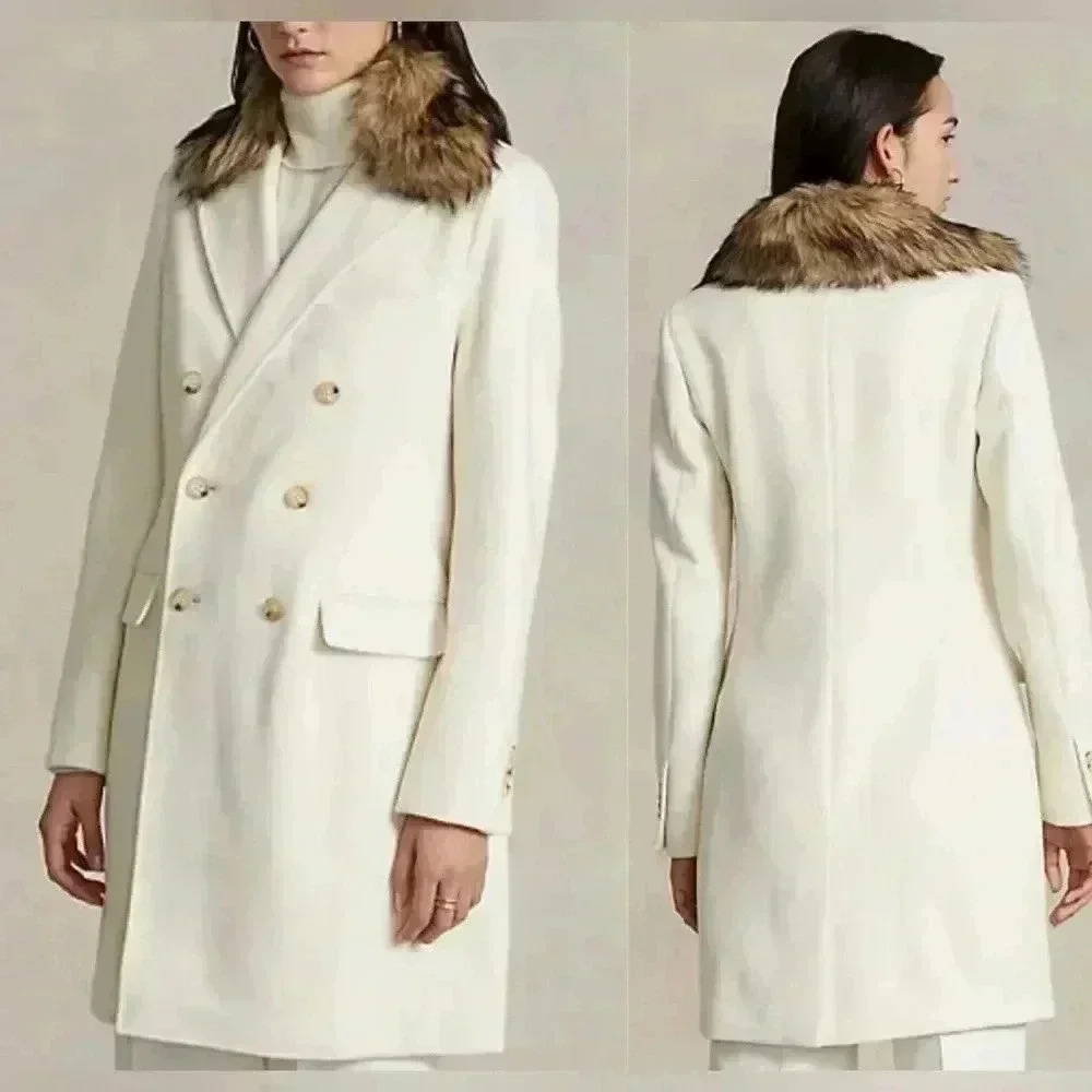 Polo Ralph Lauren Faux Fur Collar Double Breasted Parka Peacoat Long Overcoat 4